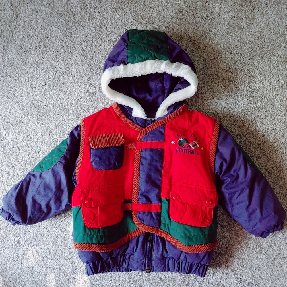 Outbrook Kids Boys 18M Colorblock Football Puffer Jacket Faux Fur Hood Vintage